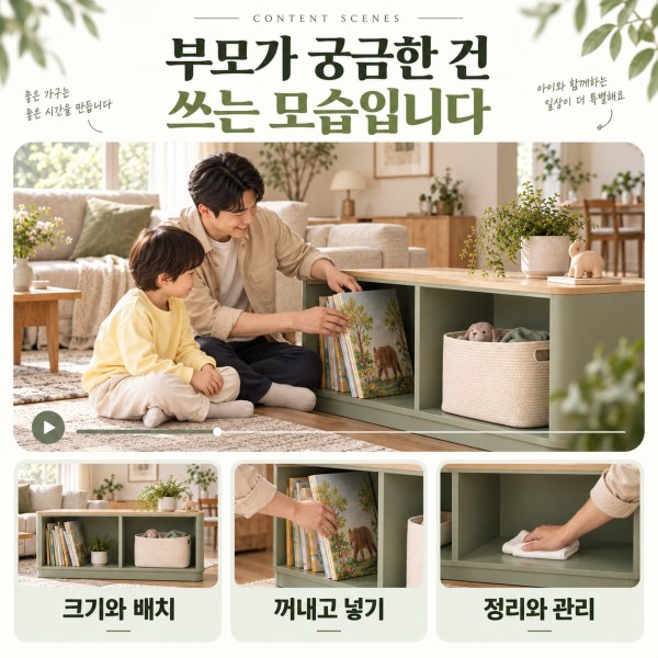 수납장의 크기와 배치, 책을 꺼내고 넣는 동작, 정리와 관리를 보여주는 콘텐츠 장면 예시