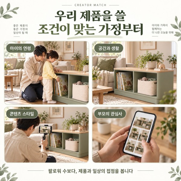 아이의 연령, 공간과 생활, 콘텐츠 스타일과 부모의 관심사를 함께 검토하는 크리에이터 선정 예시